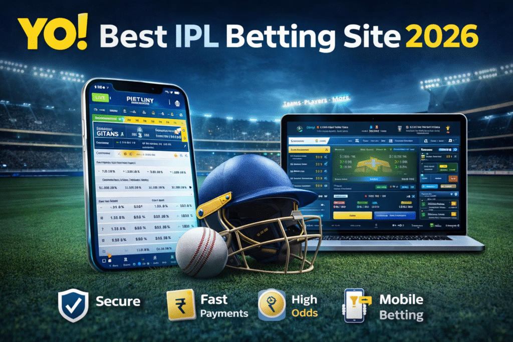 Best IPL Betting Site 2026 with YO logo showing secure cricket betting, live odds, fast payments and mobile IPL betting platform in India