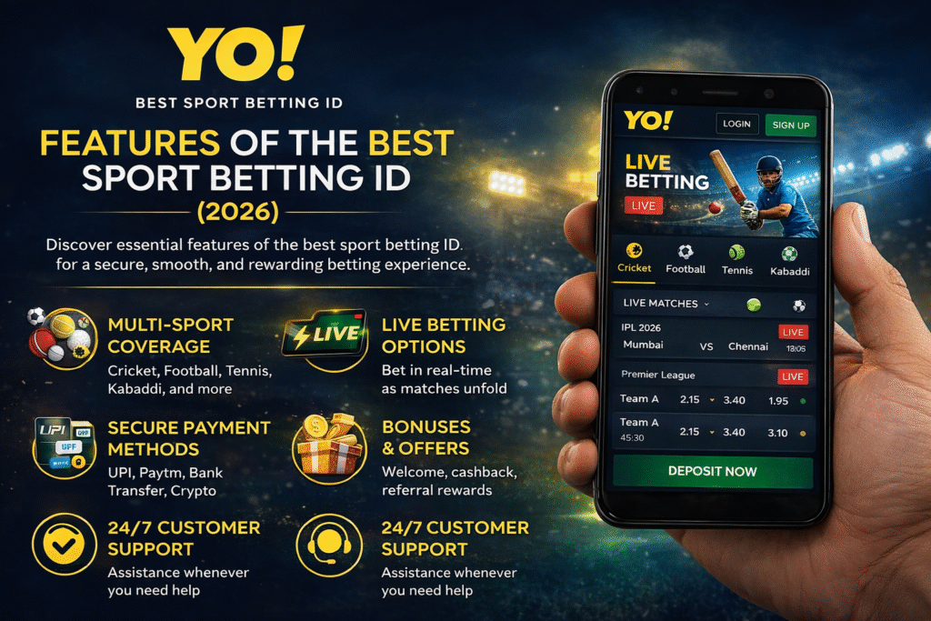 Features of Best Sport Betting ID 2026 with YO logo – live betting, secure payments, and multi-sport coverage in India