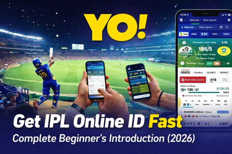 Get IPL Online ID fast 2026 banner with YO logo and live cricket match