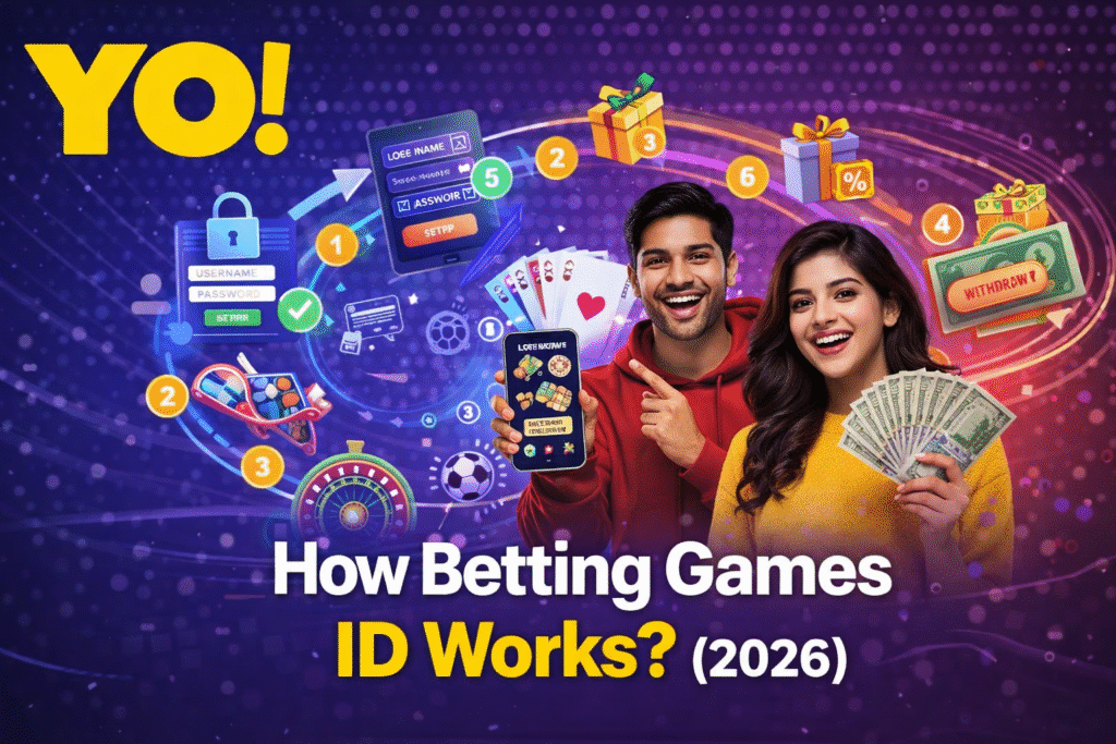 How betting games ID works step by step 2026 with YO logo and online betting process illustration