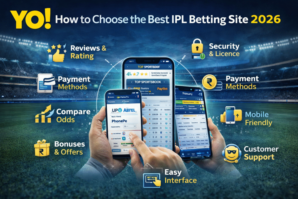 How to choose the best IPL betting site 2026 with YO logo showing secure cricket betting platform, trusted betting sites India, high odds, fast withdrawals and safe IPL betting guide