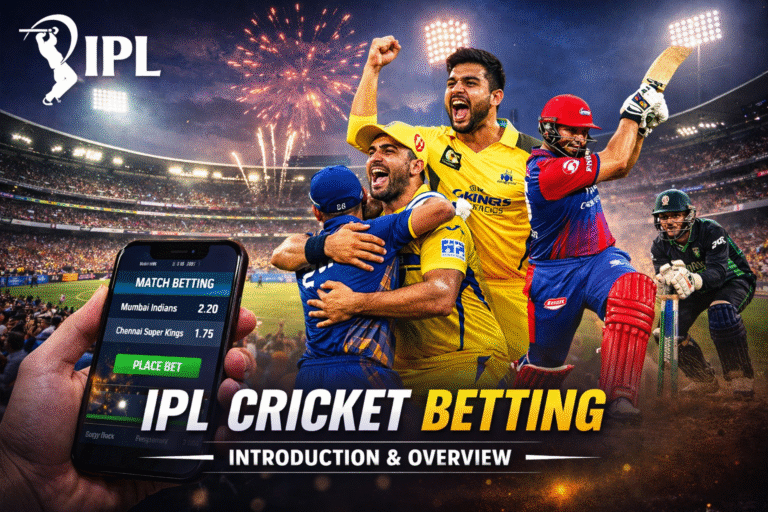 IPL Cricket Betting Guide 2026 with logo showing live match, betting odds and stadium action