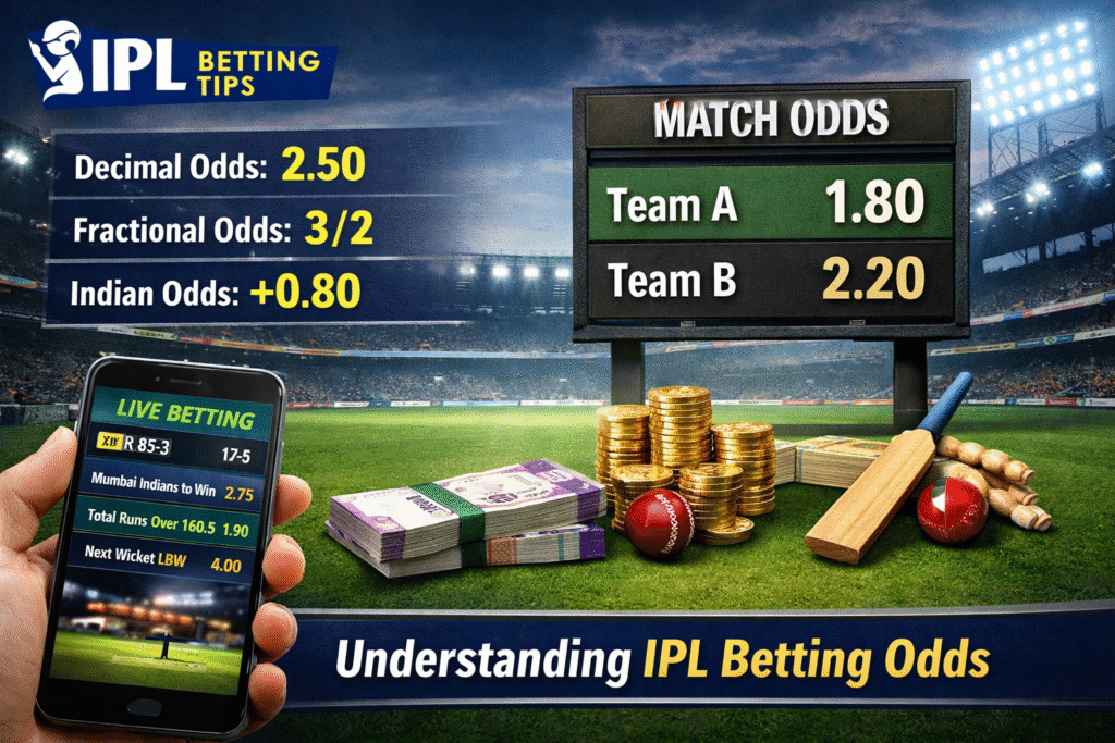 IPL cricket betting odds explained 2026 with logo showing decimal odds, live odds changes and betting interface