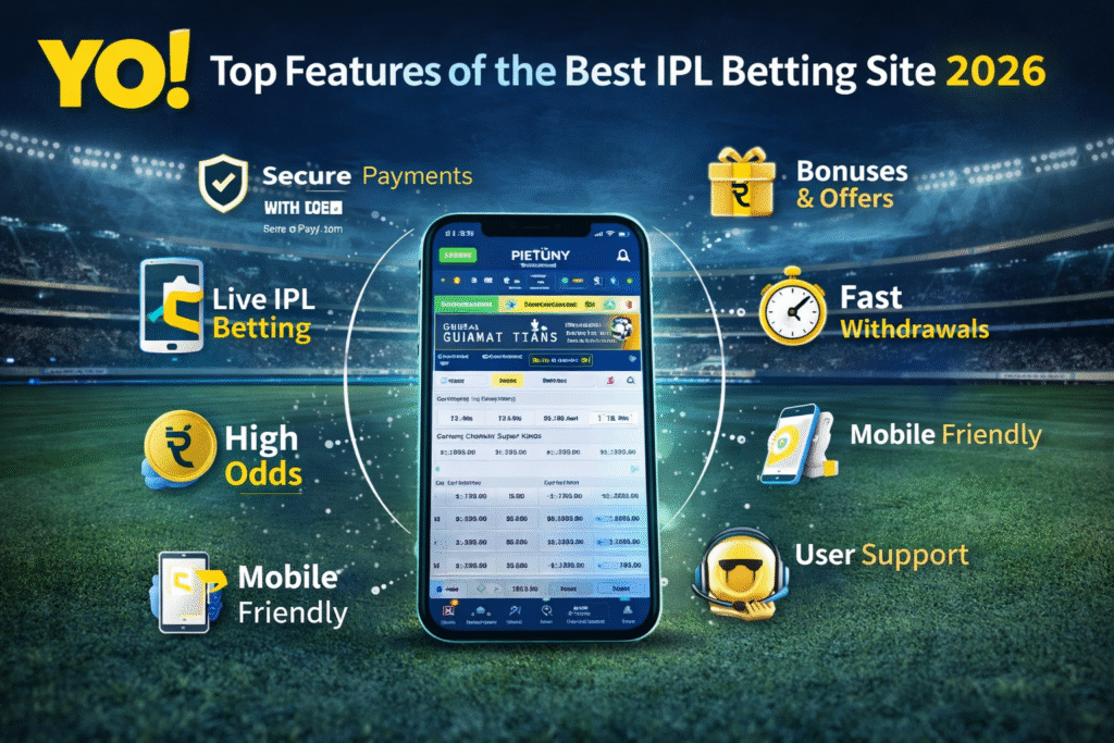 Key features of best IPL betting site 2026 with YO logo showing secure payments, live IPL betting, high odds, fast withdrawals and mobile friendly cricket betting platform in India