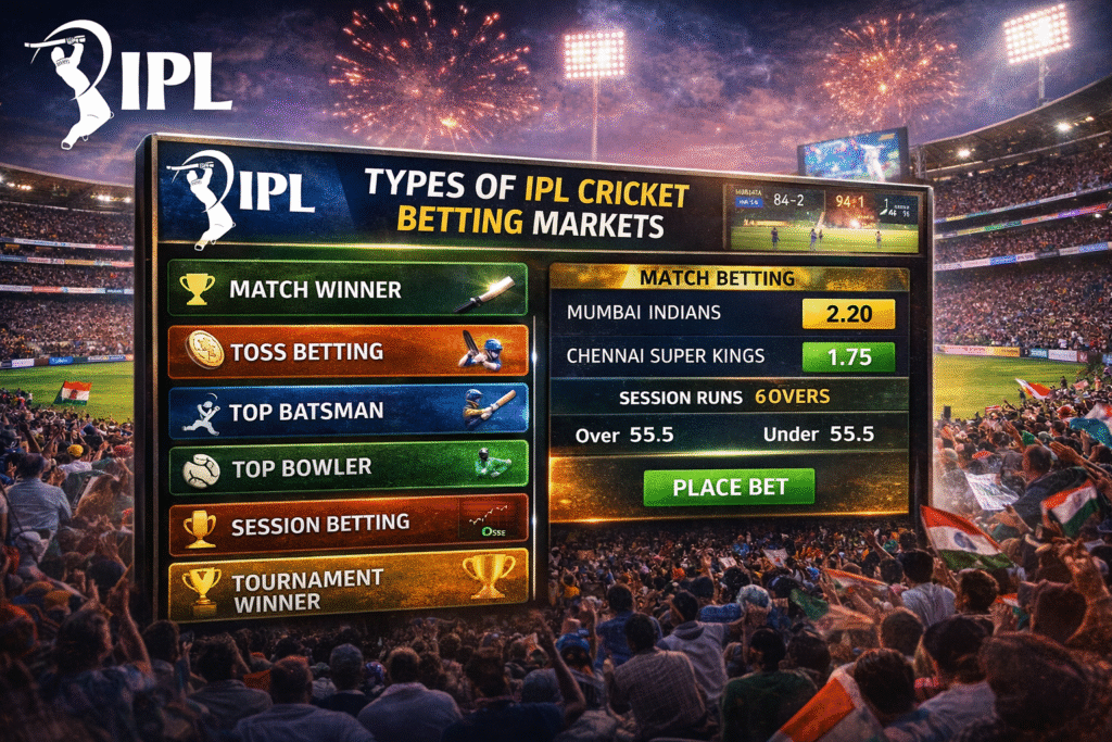 Types of IPL Cricket Betting Markets 2026 with logo showing match winner, toss betting and live betting options