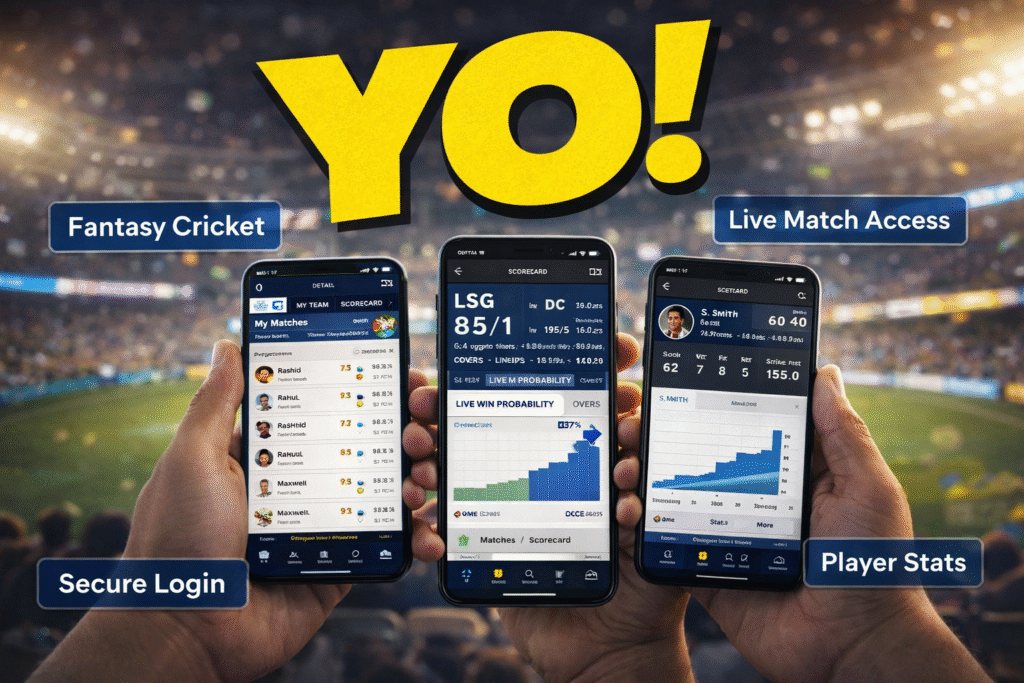 IPL Match ID features dashboard live stats mobile 2026 YO logo