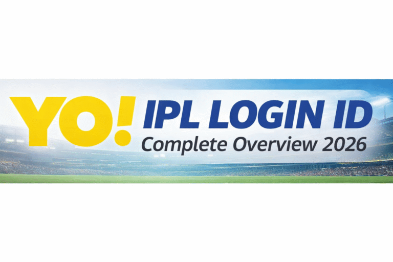 IPL Login ID 2026 complete overview banner with YO logo and cricket stadium background